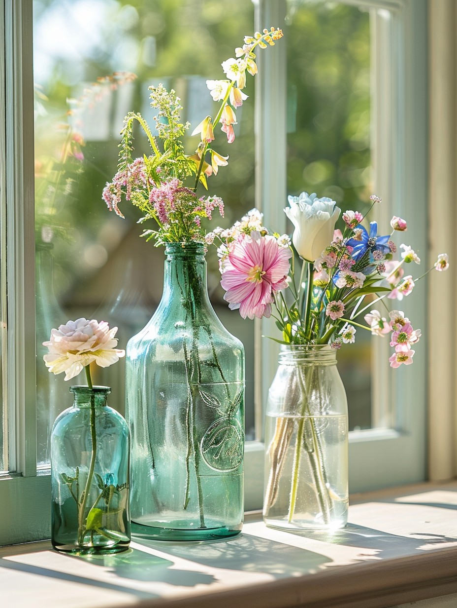 kitchen window sill decor with flowers in glass