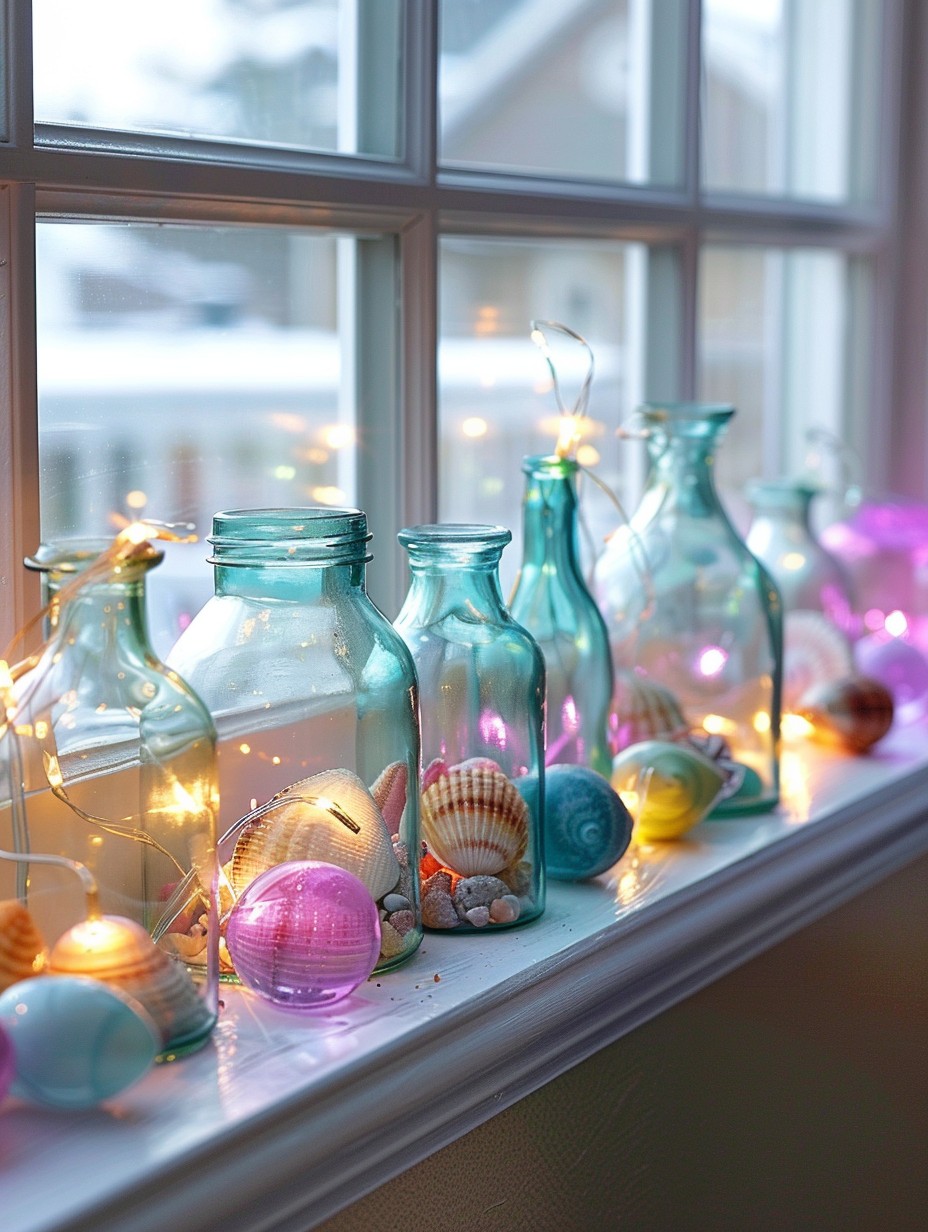 kitchen window sill decor with glass and shells