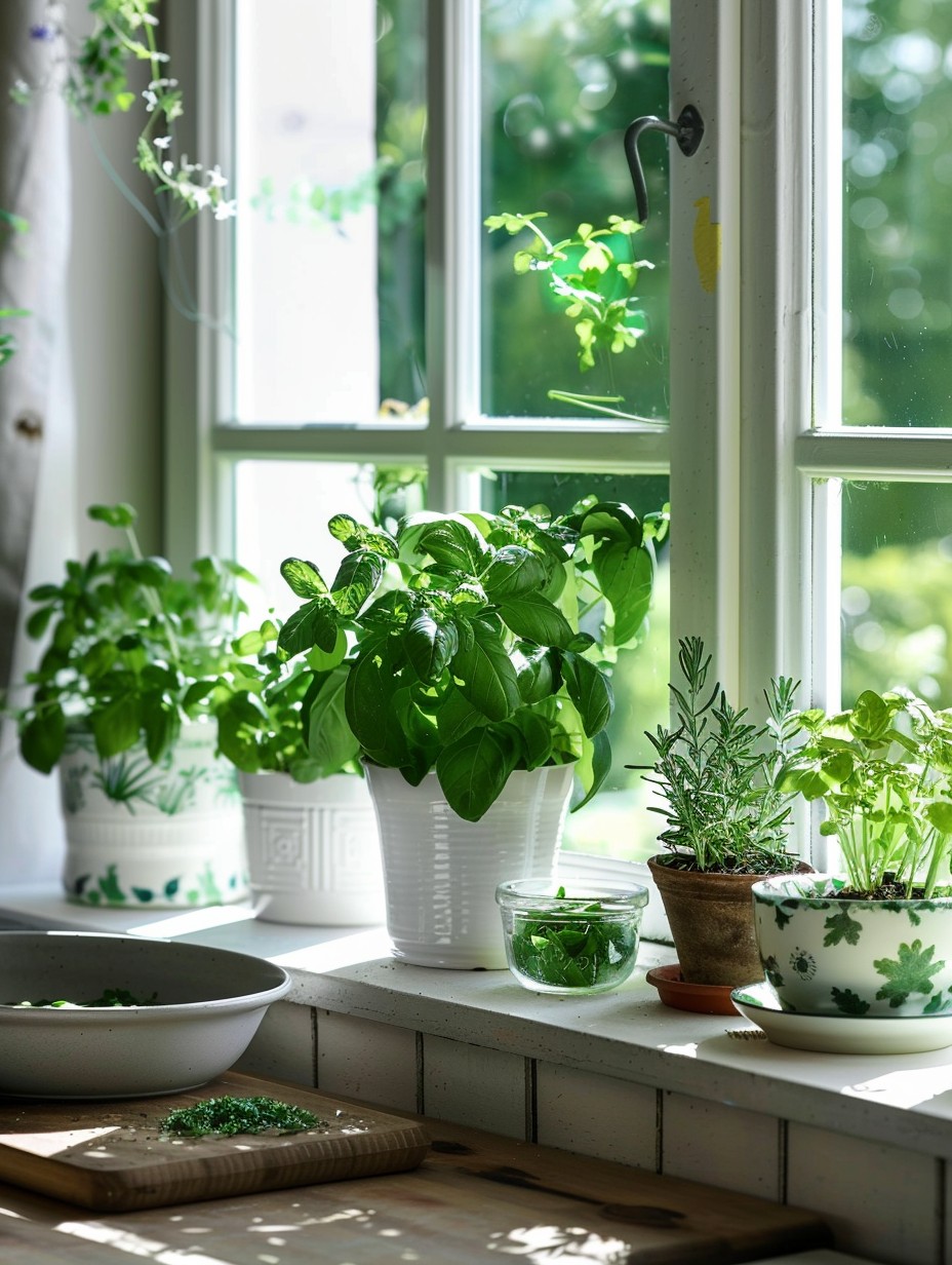 kitchen window sill decor with herb plants