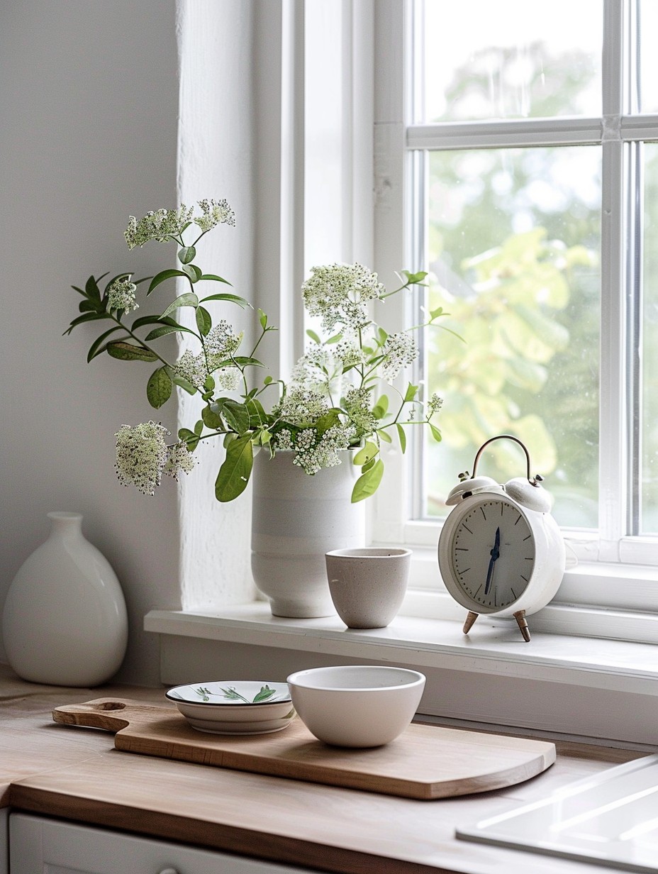 kitchen window sill decor with minimalist style