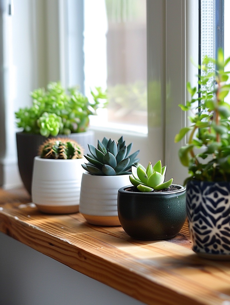 kitchen window sill decor with small pots