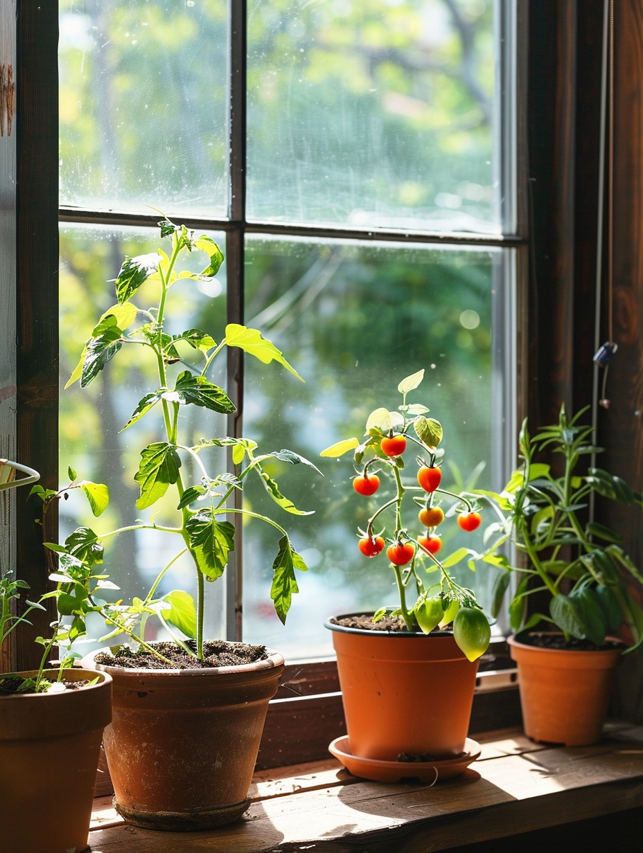 kitchen window sill decor with tomato plants