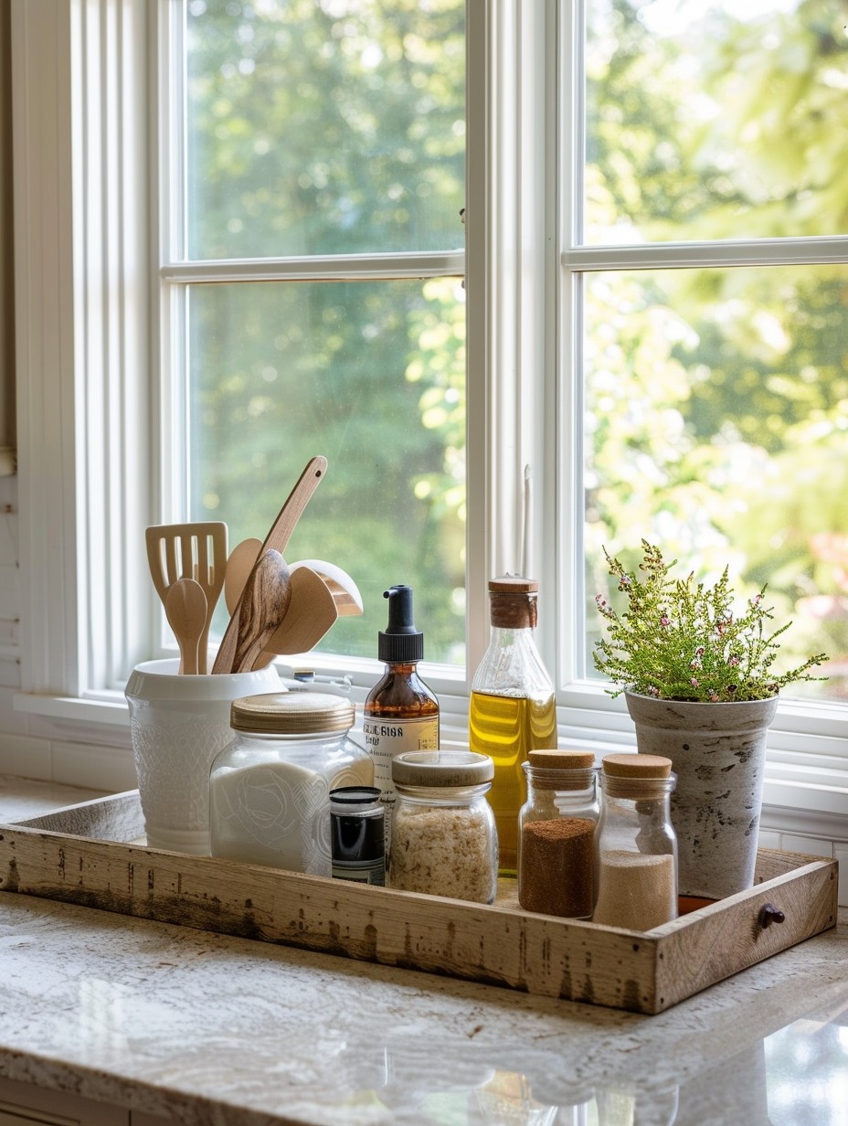 kitchen window sill decor with tray