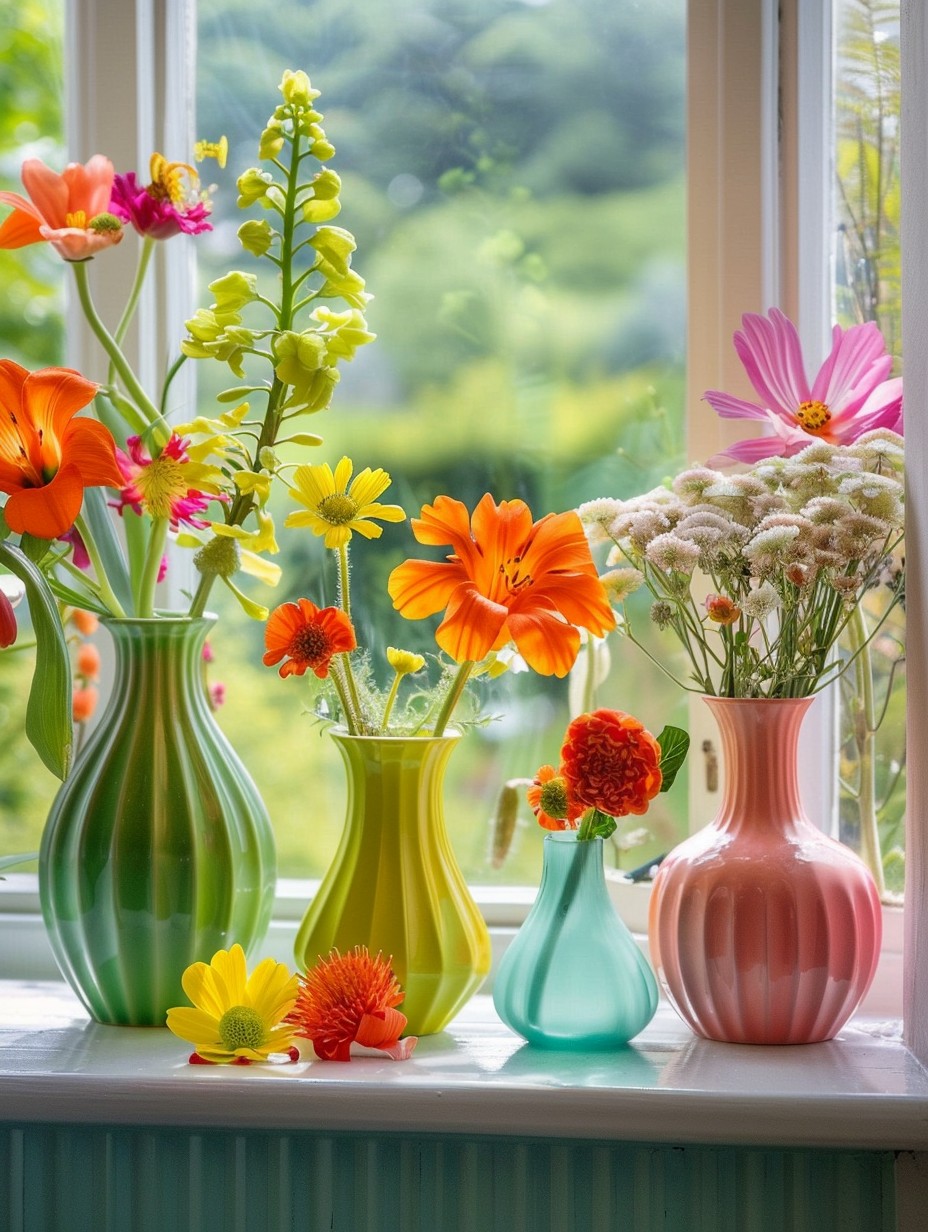 kitchen window sill decor with vibrant flower vases