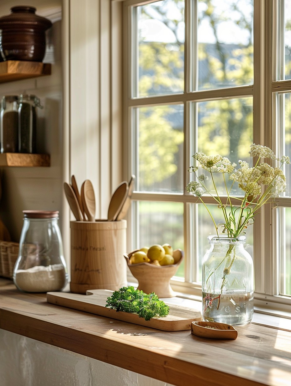 kitchen window sill decor with wooden items