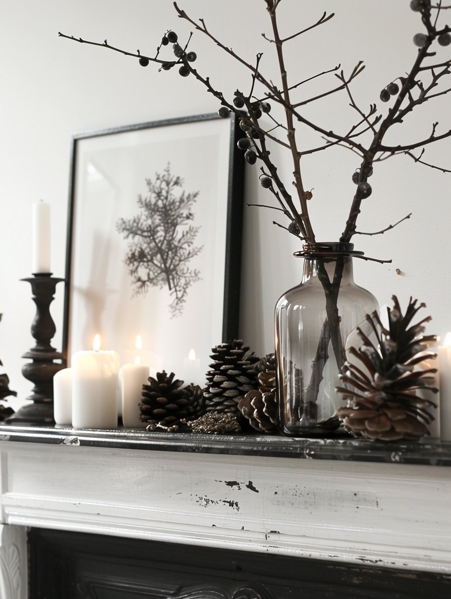winter mantel decor with black and white style