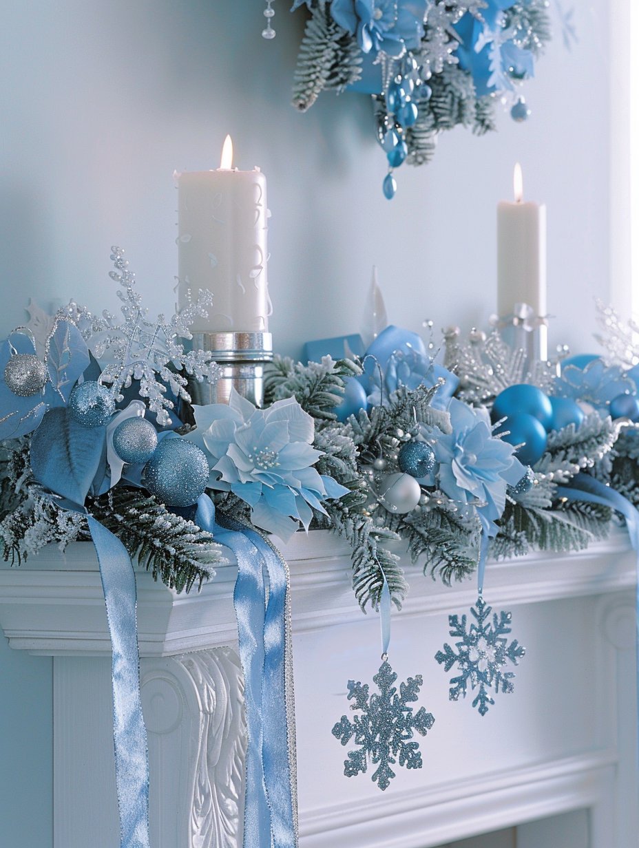 winter mantel decor with blue tone