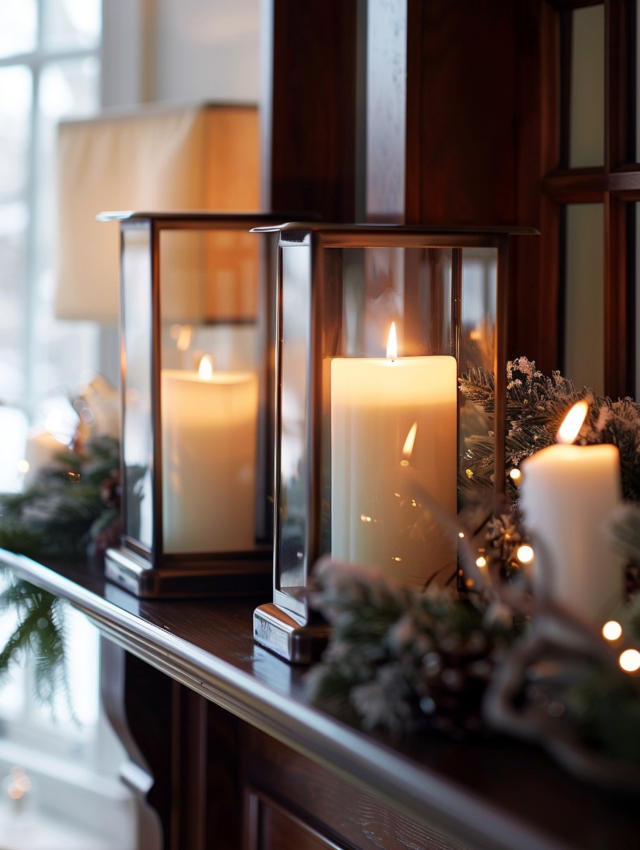 winter mantel decor with candles