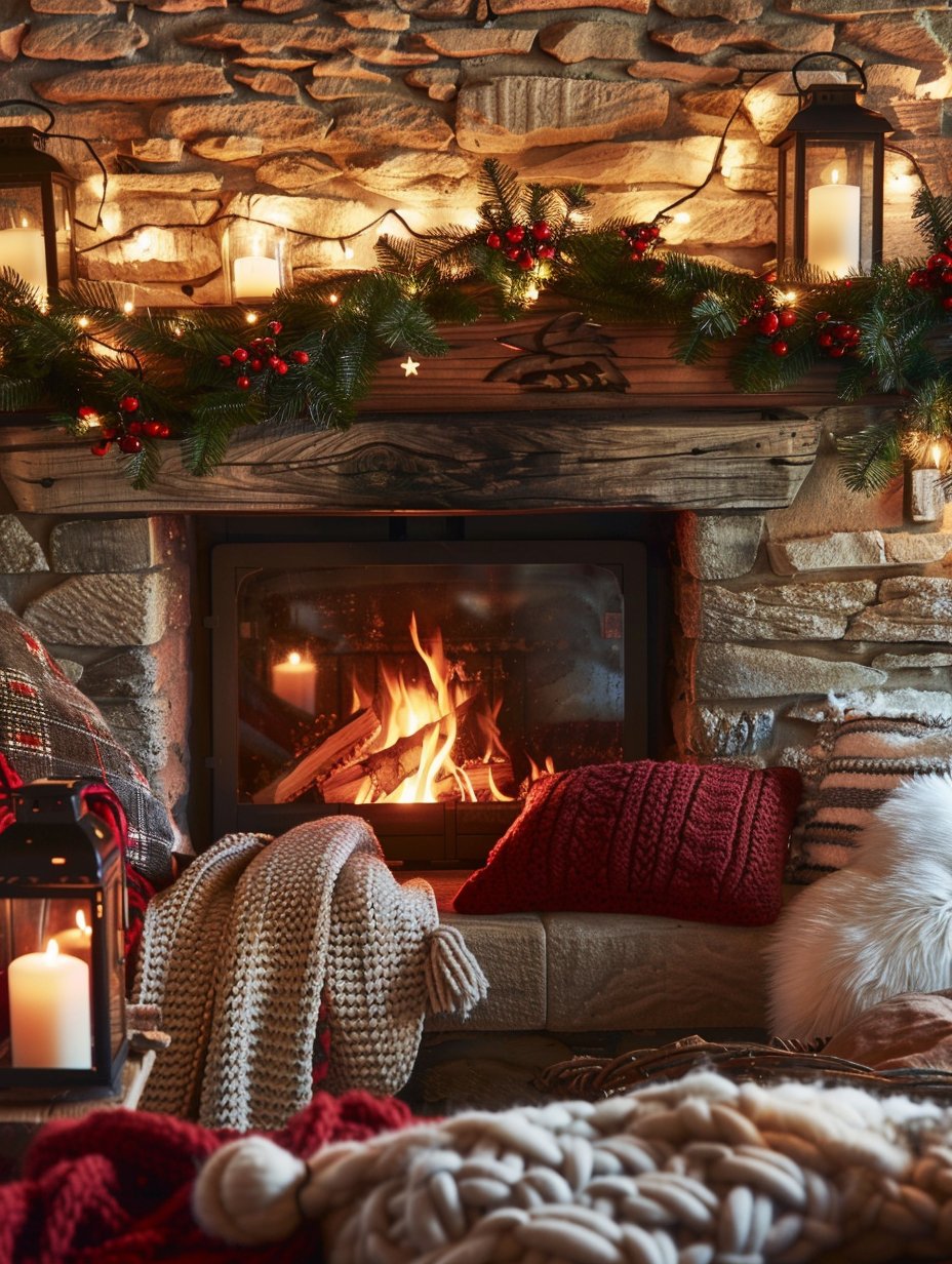 winter mantel decor with cozy vibe