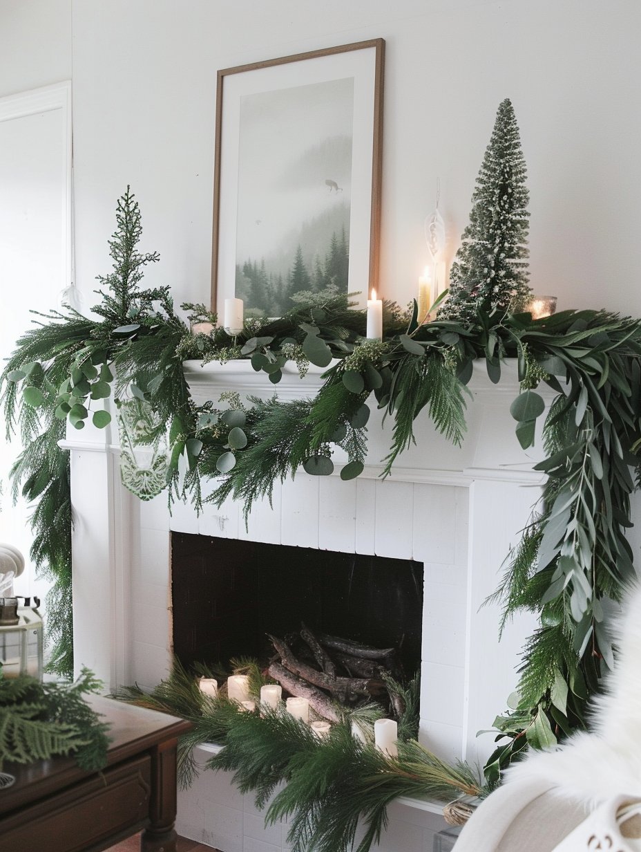 winter mantel decor with greenery garlands