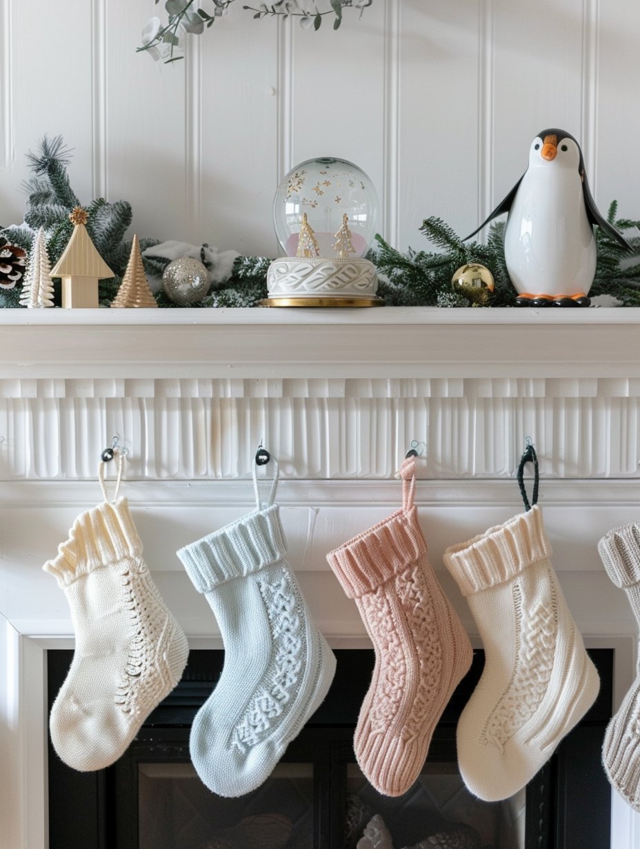 winter mantel decor with penguins and snow globe