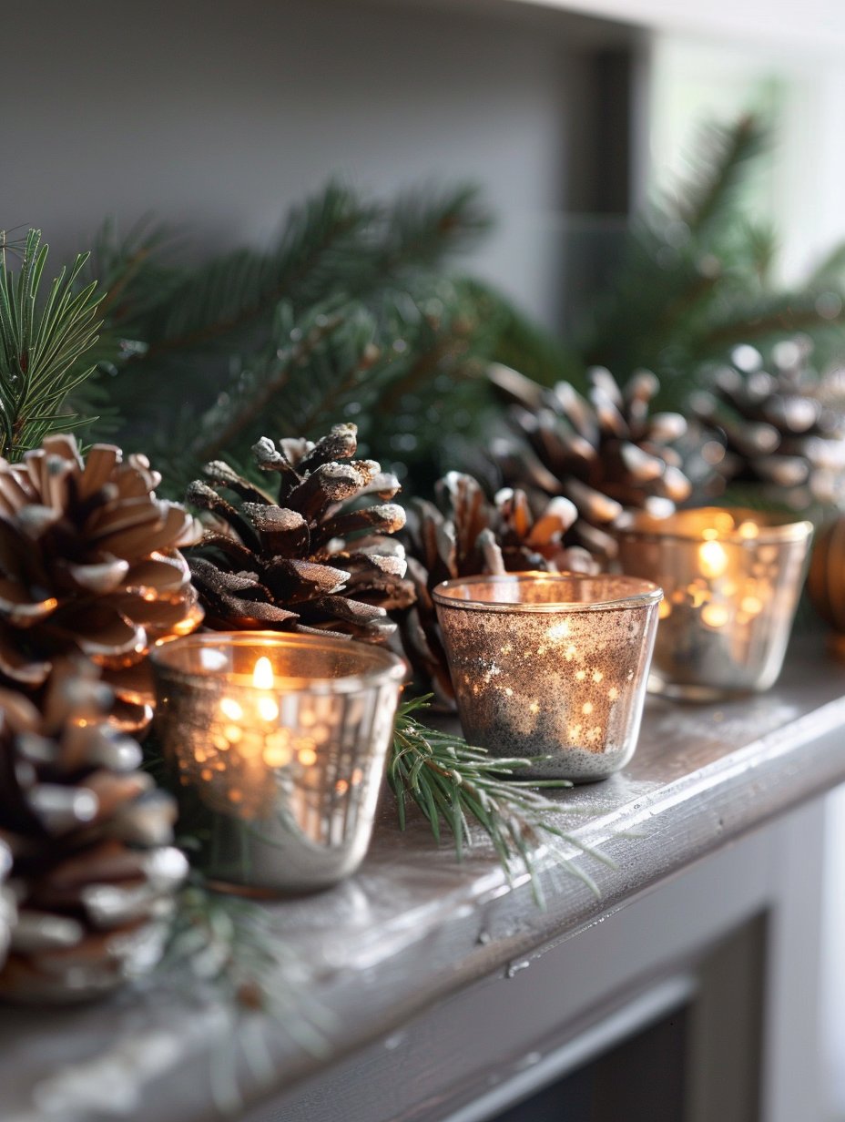 winter mantel decor with pine cones and candles