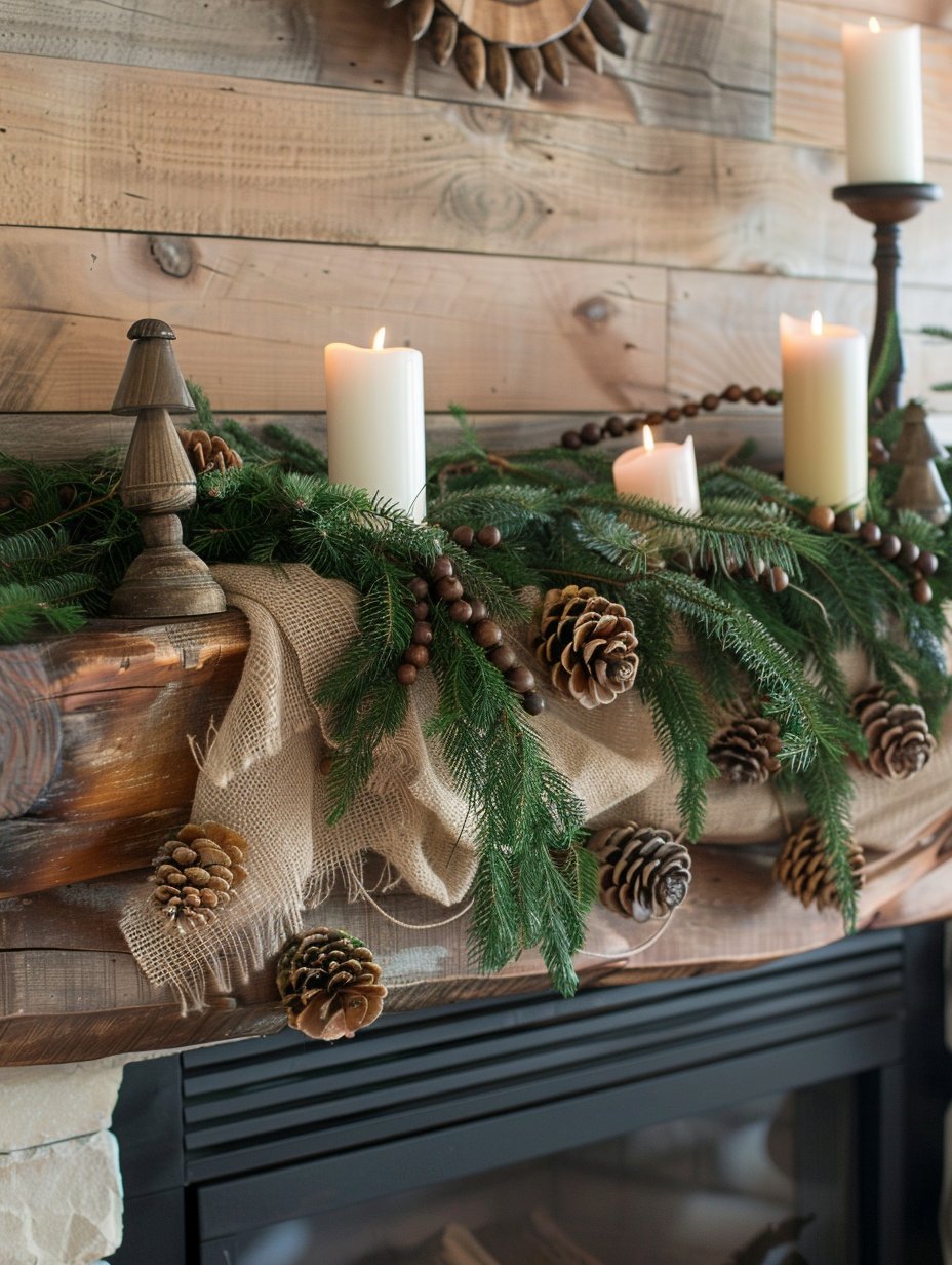 winter mantel decor with rustic vibe