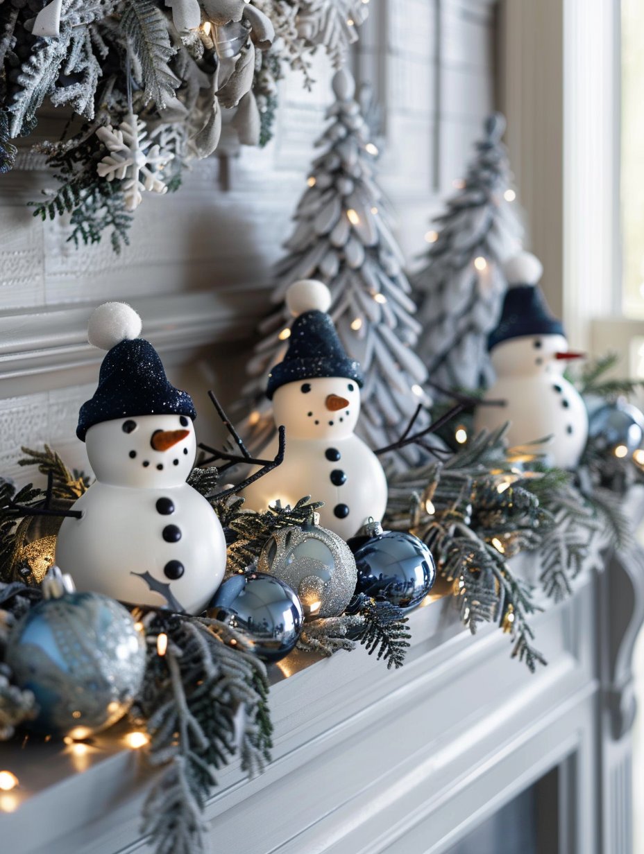 winter mantel decor with snowmen