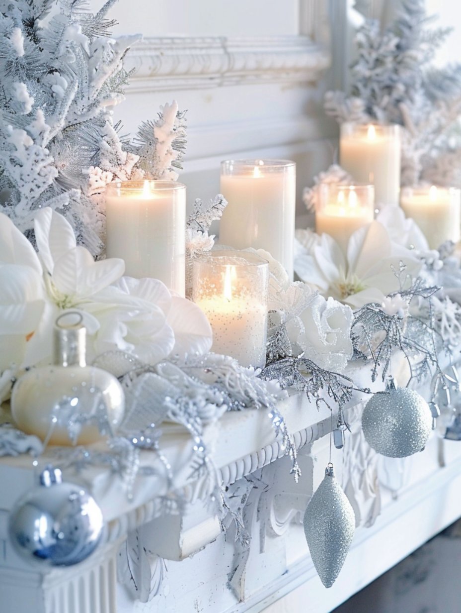 winter mantel decor with white fireplace