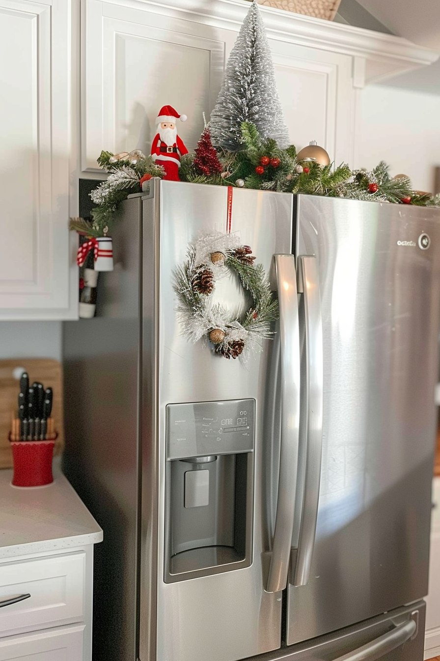 Christmas decor on top of the fridge