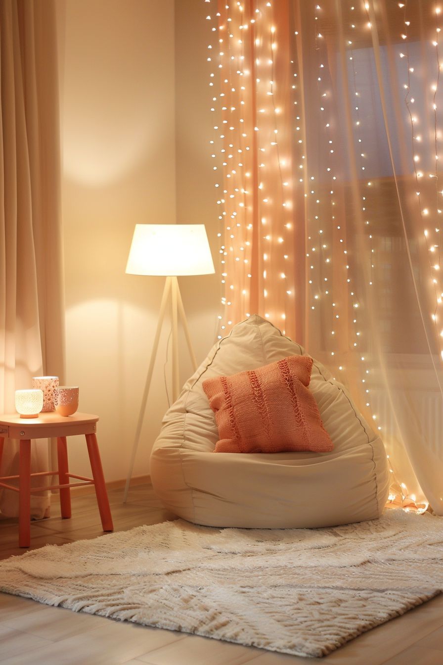 a bean bag with pink pillow in a small bedroom corner with lightings