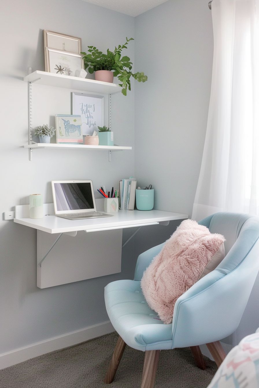 a blue armchair and foldable wall mounted desk next to a bed