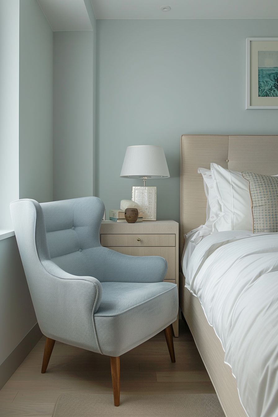 a blue armchair next to a bed