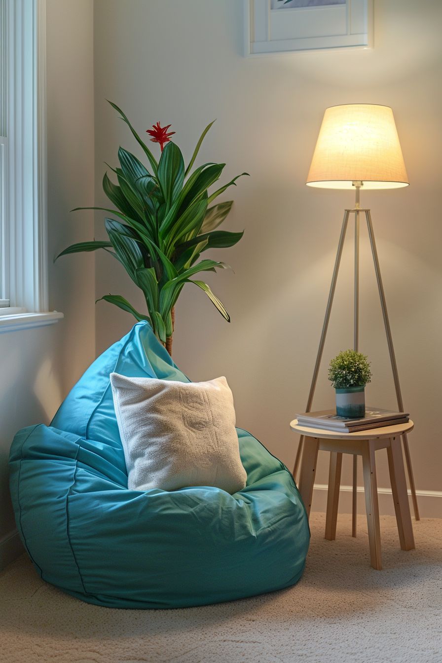 a blue bean bag in the corner of small bedroom with a tall lamp