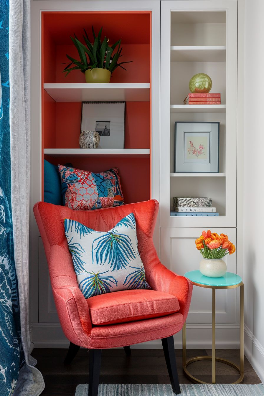 a coral chair in small bedroom