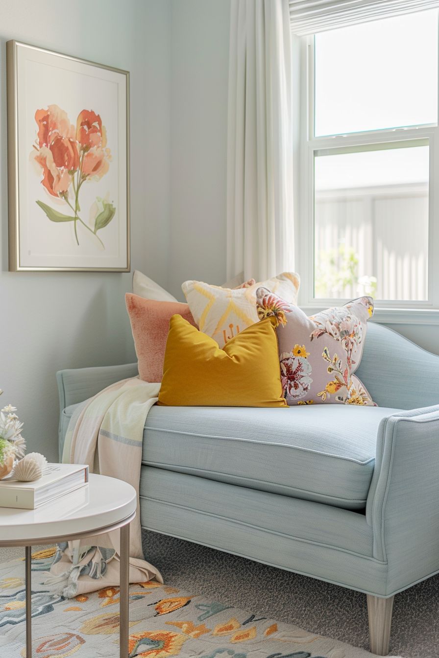 a loveseat by the window in small bedroom