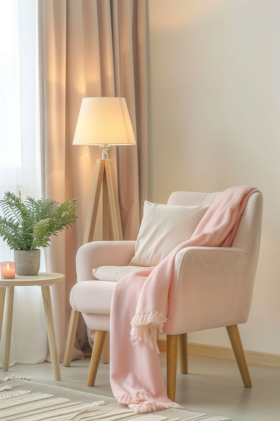 a pink armchair in small bedroom
