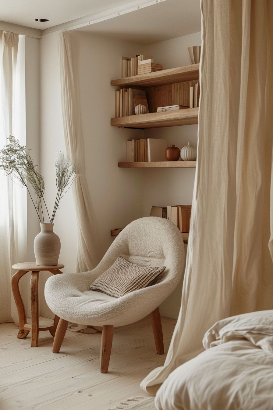 a small corner for reading book in small bedroom with curtain
