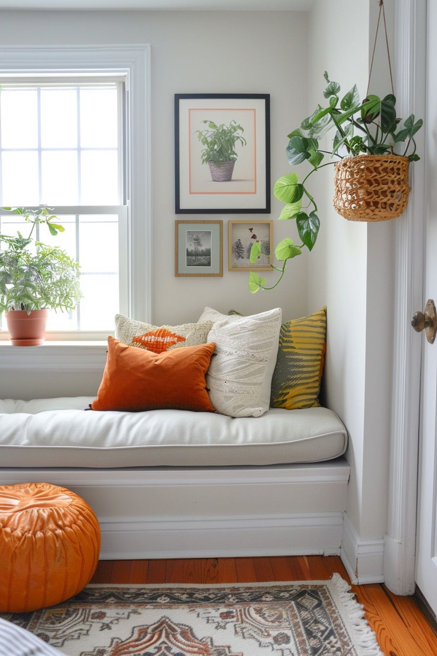a window seat with pictures and plants decor around