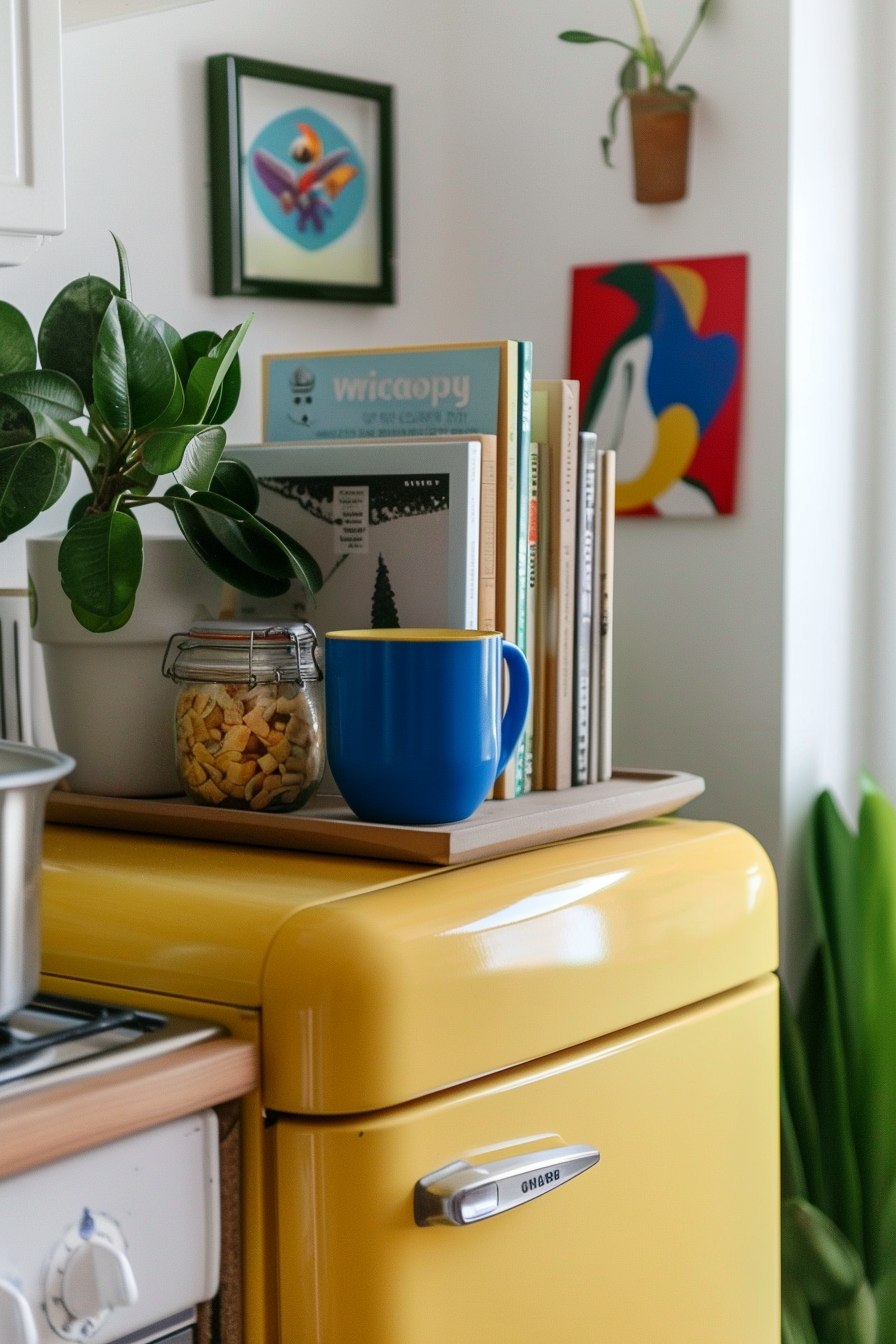 books and mug, potted plant and jar on top of the fridge