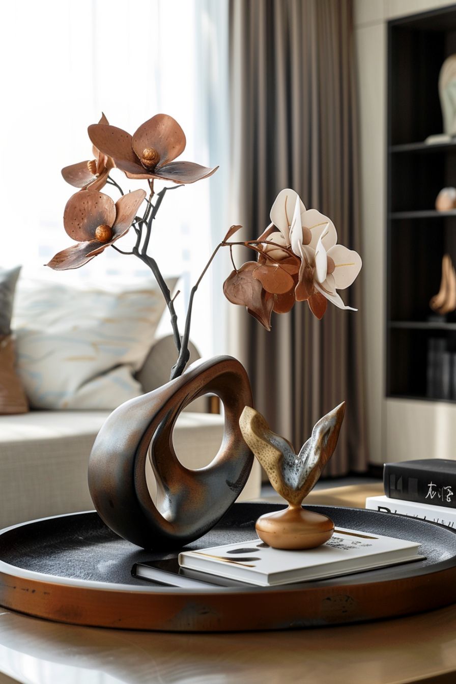 coffee table tray decor with abstract sculptures