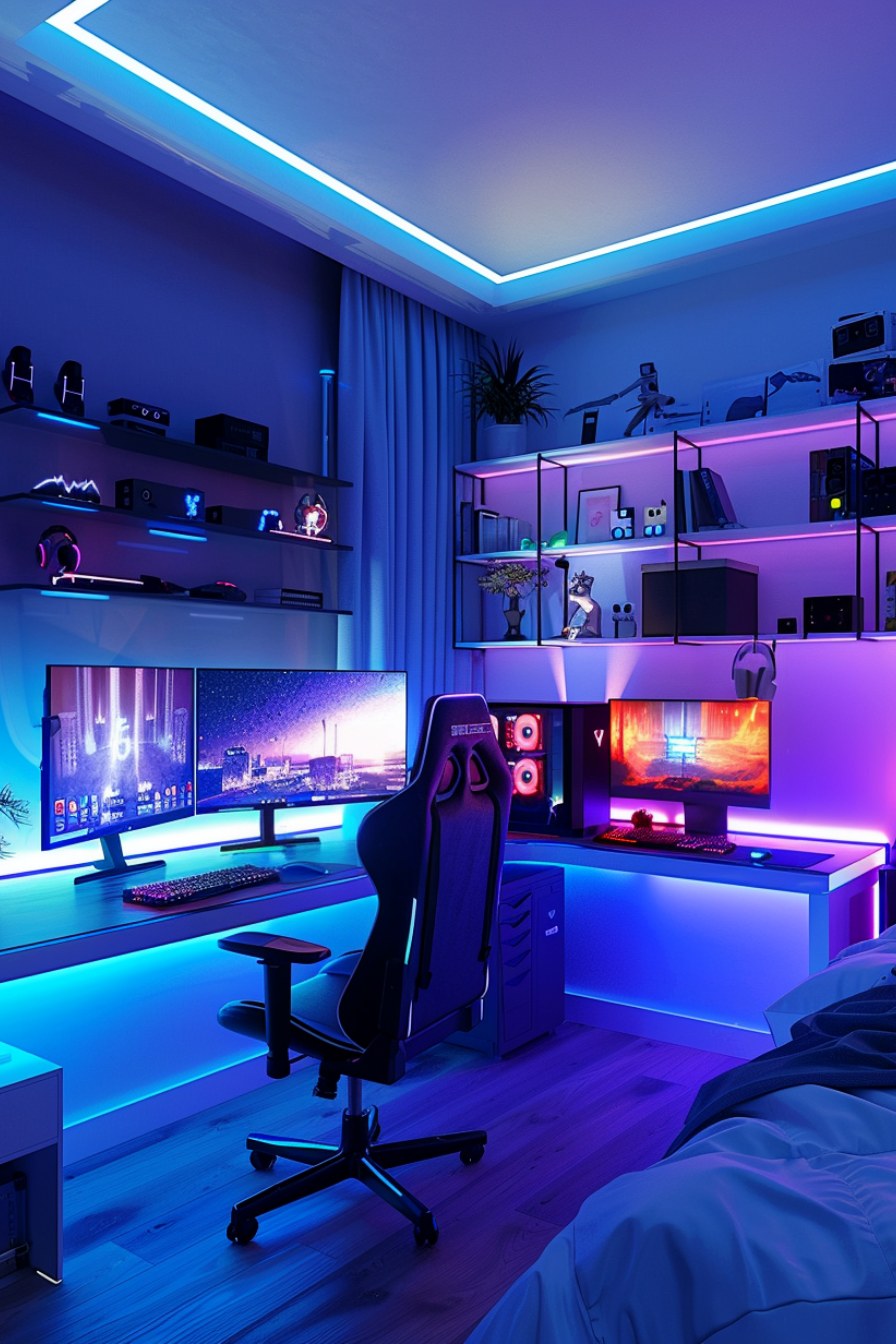 gamer futuristic bedroom with many screens