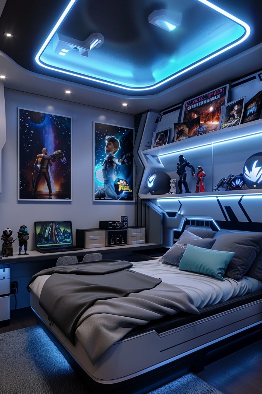 gamer futuristic bedroom with shelves and figurines