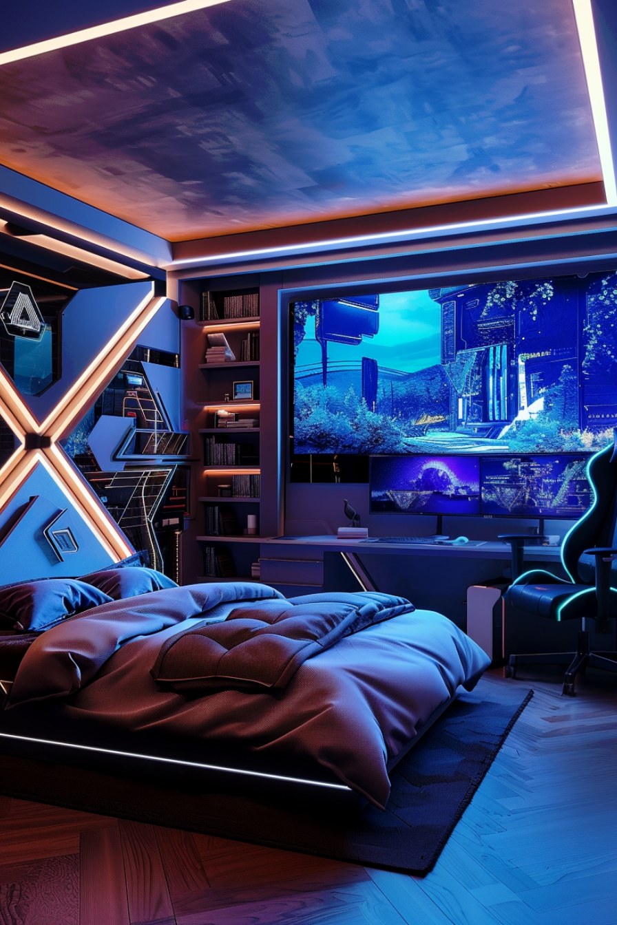 gaming futuristic bedroom with big screens