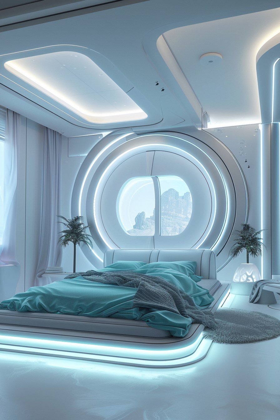 monochromatic futuristic bedroom