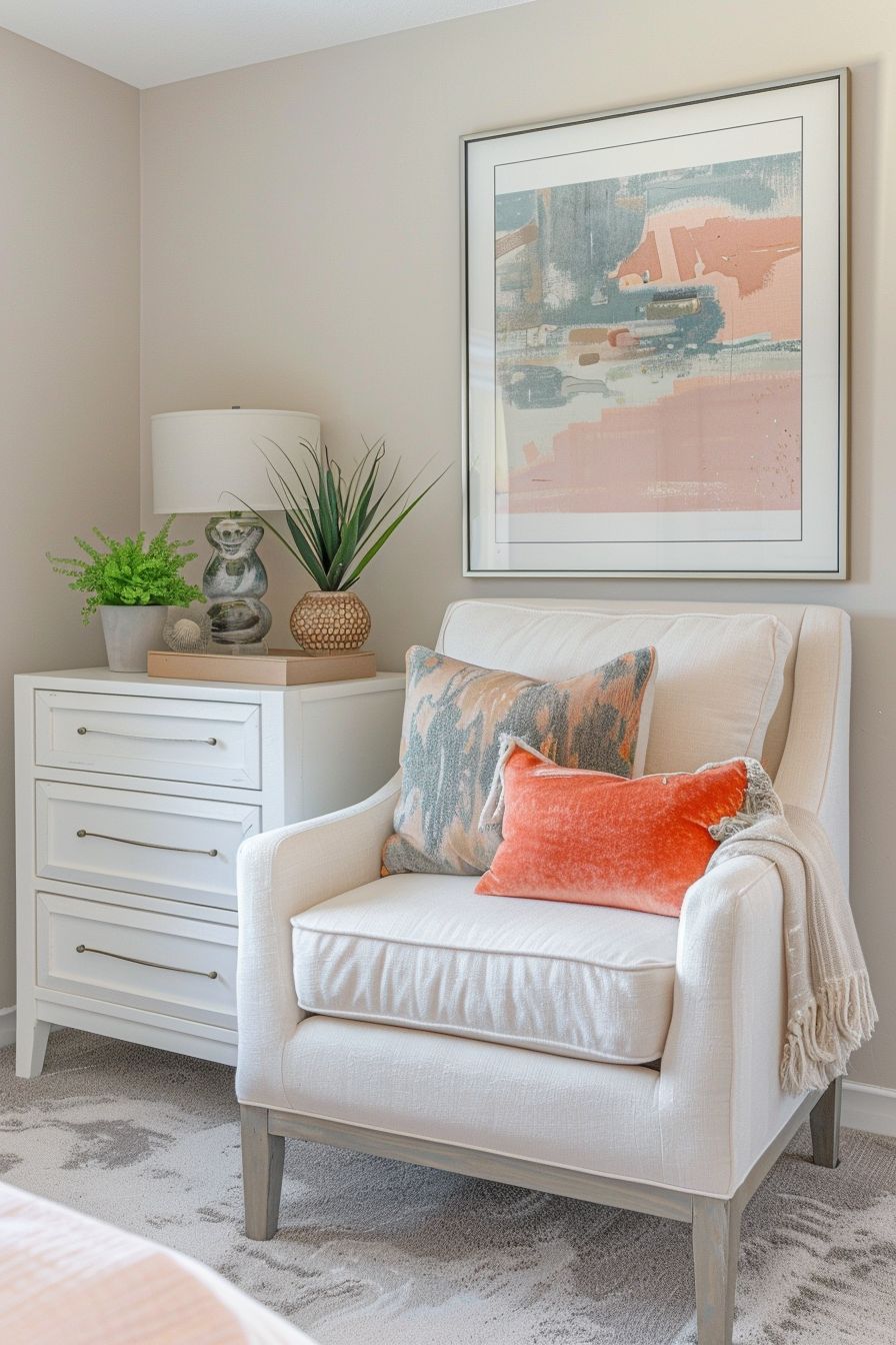 sitting area in bedroom with pastel color theme