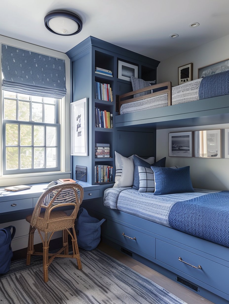 small shared bedroom with blue tone