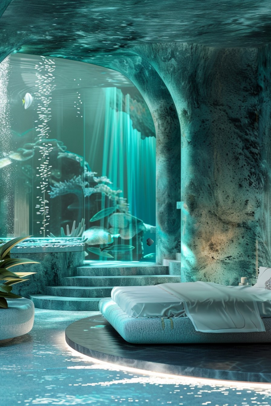 underwater futuristic bedroom with big screen