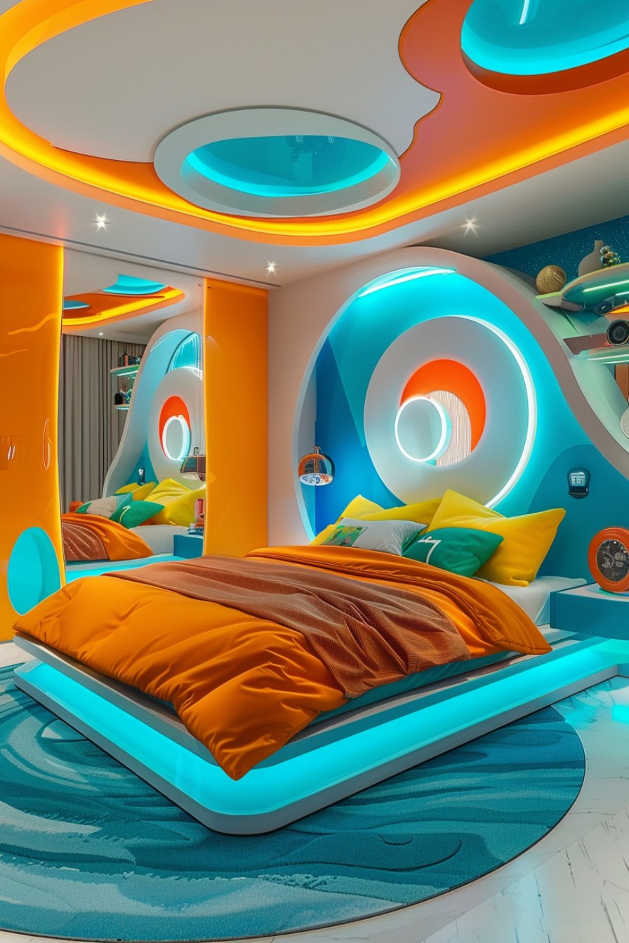 vibrant retro futuristic bedroom
