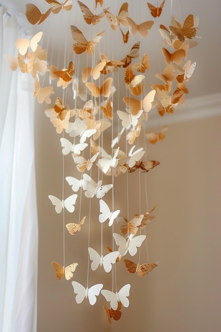 a butterfly mobile hanging from the ceiling