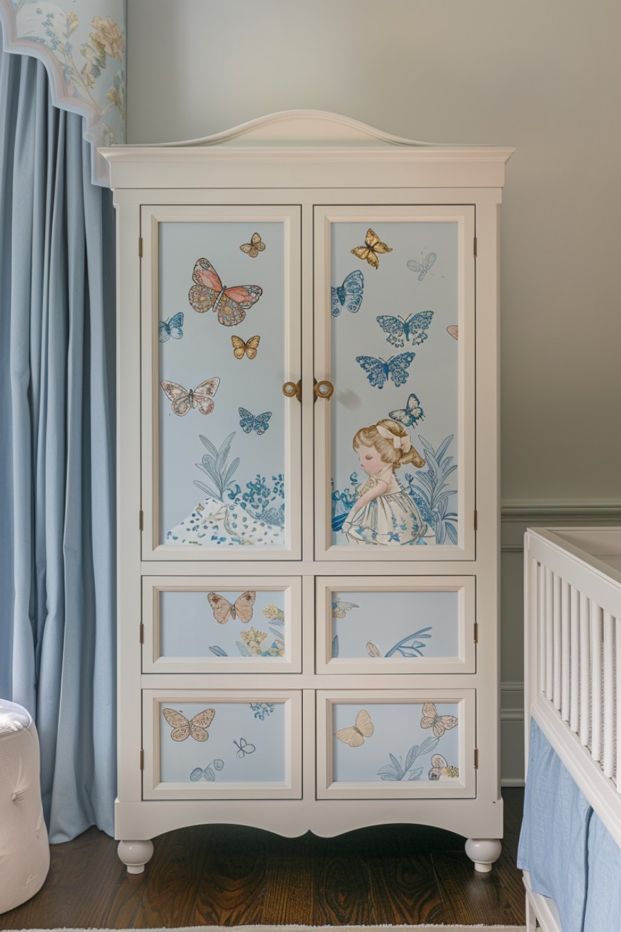 a cabinet with butterfly decor