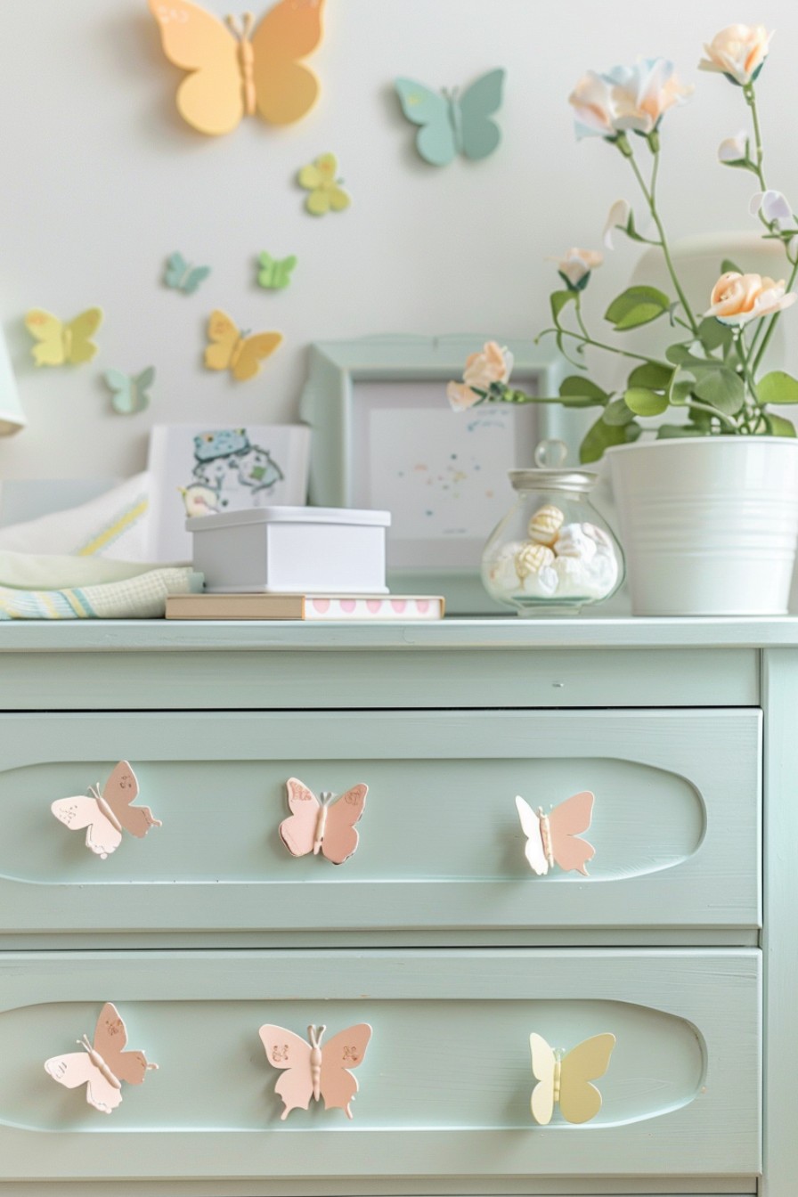 a dresser with butterfly decor