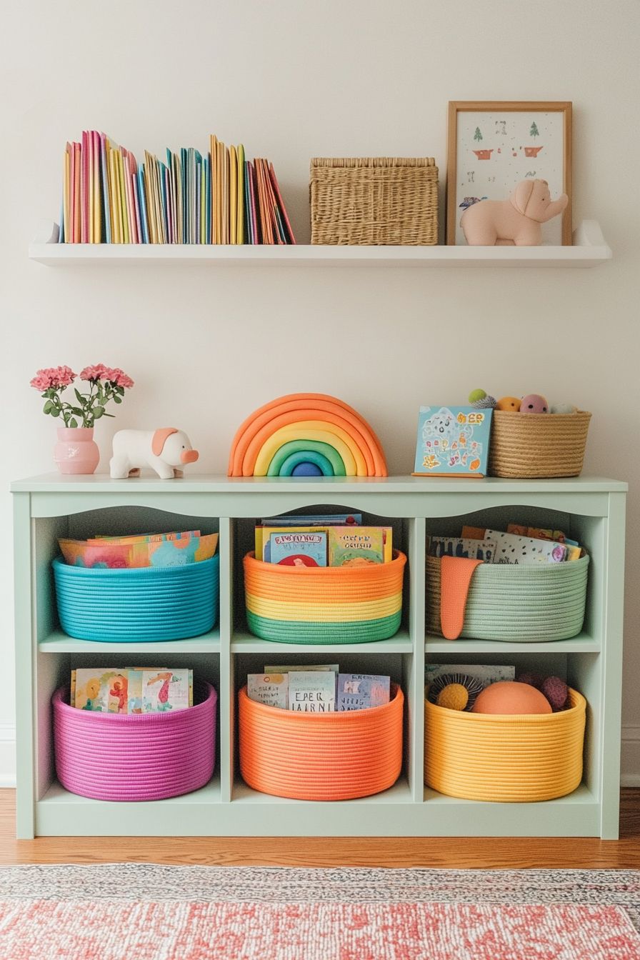 baskets in rainbow themed nursery