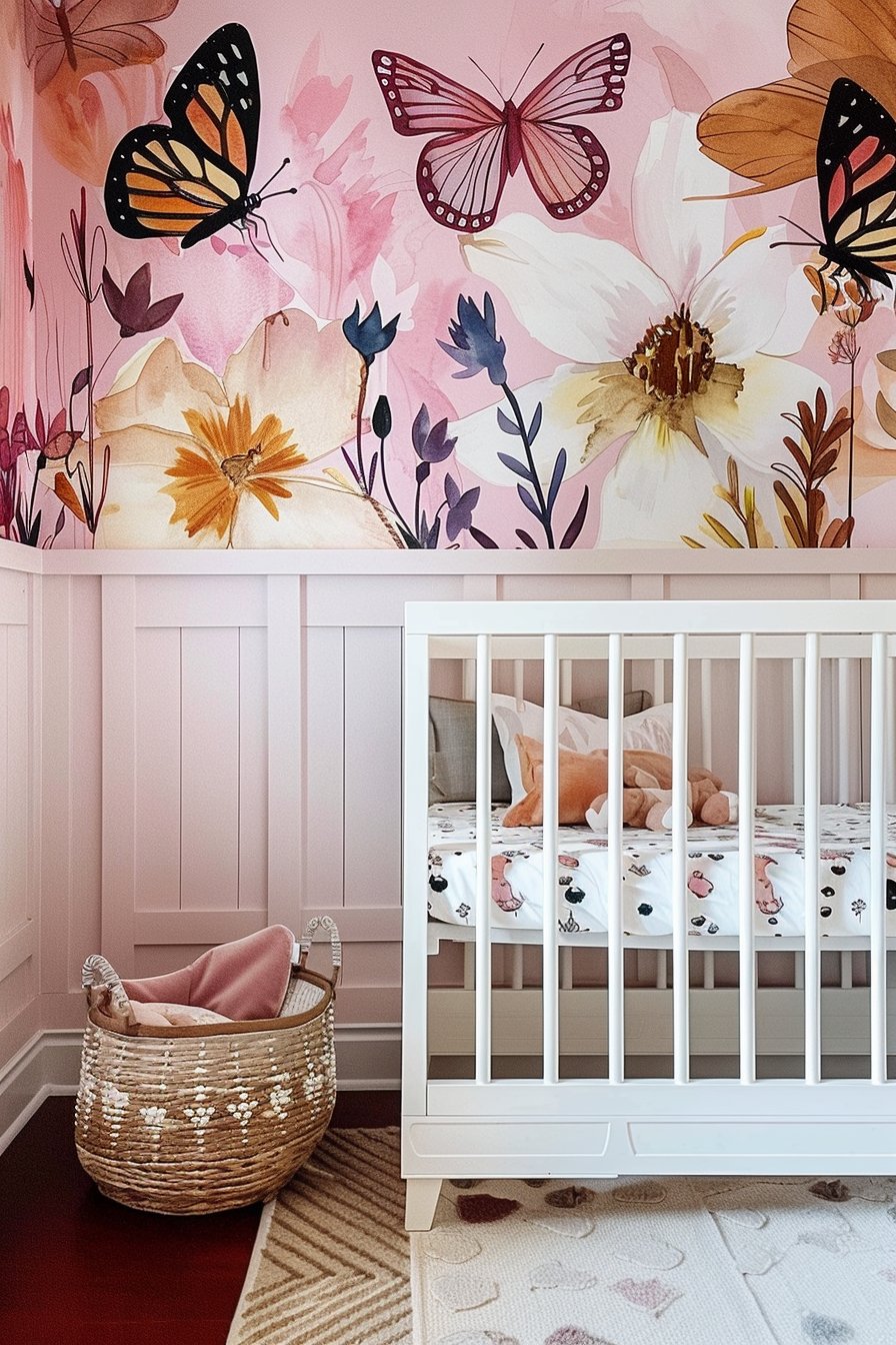 butterfly mural on nursery wall