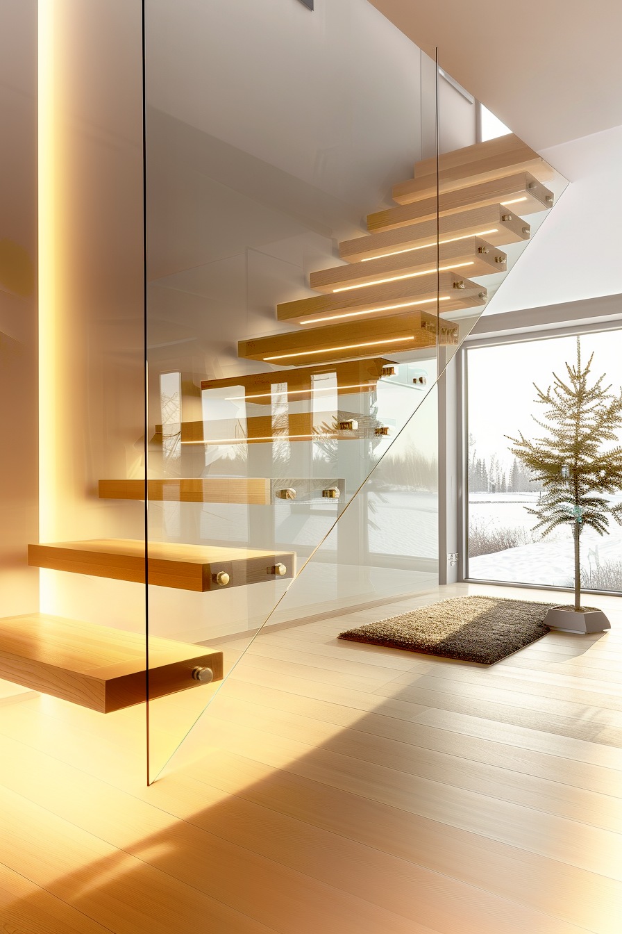 floating flying staircase in a home with glass railing