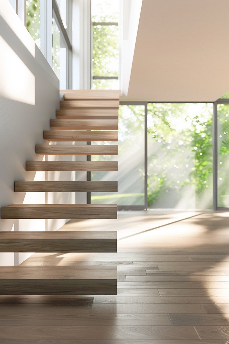 floating staircase in an office with glass railing