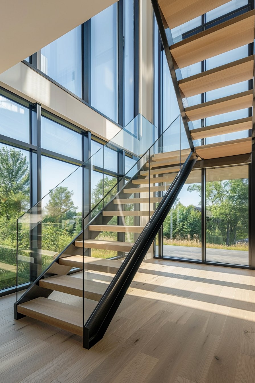 floating staircase in an office with glass railing