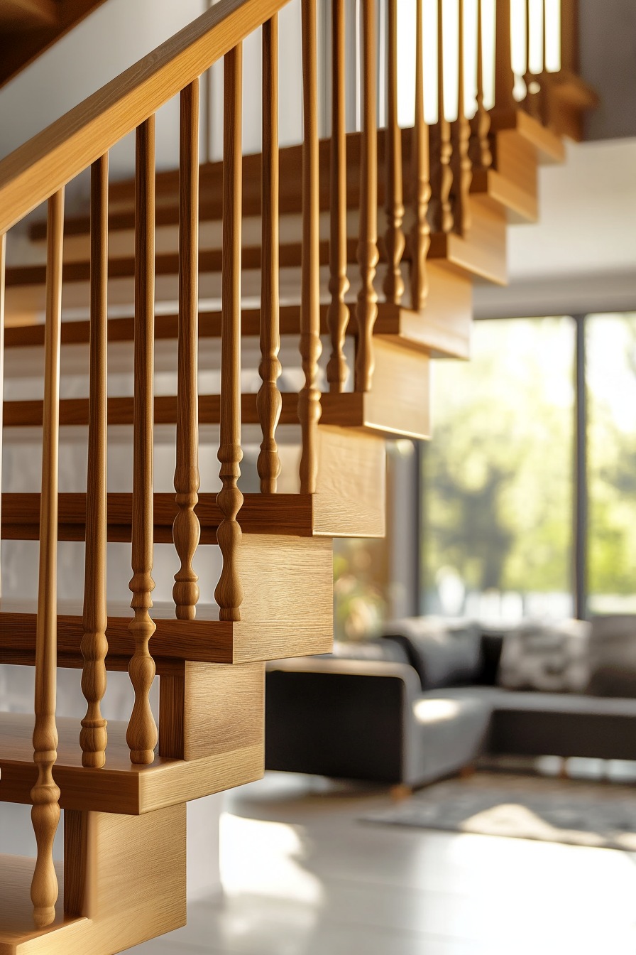 floating staircase with wooden railing