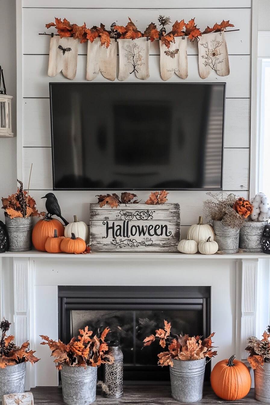 halloween mantle decor with tv - 1