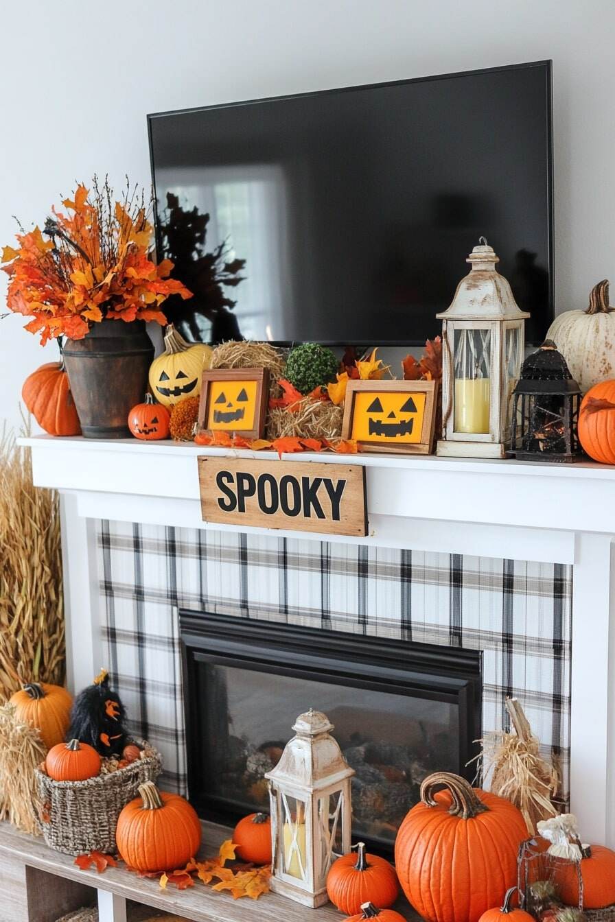 halloween mantle decor with tv - 15